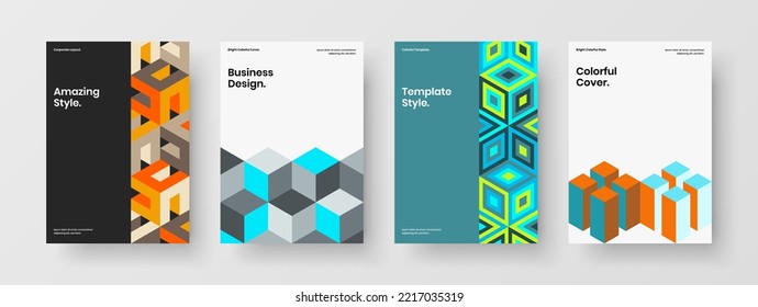 Colorful company brochure vector design illustration bundle. Minimalistic geometric shapes corporate identity layout collection.