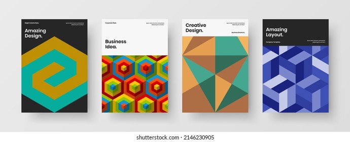 Colorful company cover design vector illustration bundle. Minimalistic mosaic pattern pamphlet layout collection.