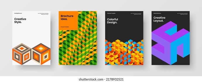 Colorful company cover design vector layout collection. Original geometric hexagons leaflet template bundle.