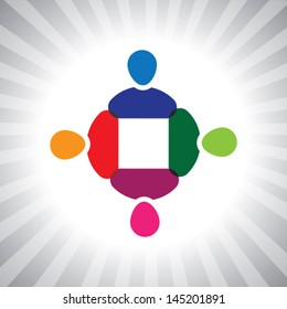 colorful company executives team meeting- simple vector graphic. This illustration can also represent children playing, kids having fun, employee meeting, workers unity & diversity, abstract people