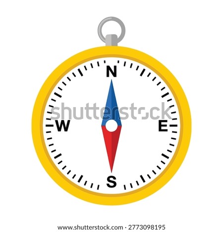 A colorful compass with a yellow border and blue red needle on white background for navigation and direction