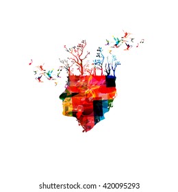 Colorful composer head with trees and hummingbirds