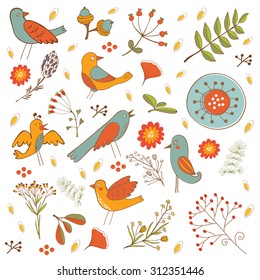 Composición colorida con aves y flores en formato vectorial