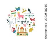 Colorful composition, circle design with famous symbols, animals of Hungary. Vector illustration for wall art, prints, posters, travel magazines.
