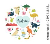 Colorful composition, circle design with famous symbols, animals of Australia. Vector illustration for wall art, prints, posters, travel magazines.