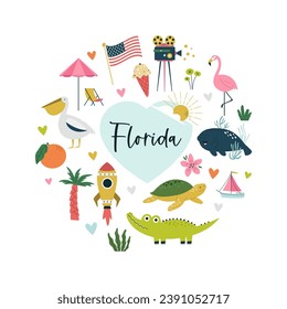 Colorful composition, circle design with famous symbols, animals of Florida state, USA. Vector illustration for wall art, prints, posters, travel magazines.