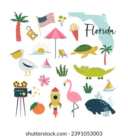 Colorful composition, circle design with famous symbols, animals of Florida state, USA. Vector illustration for wall art, prints, posters, travel magazines.