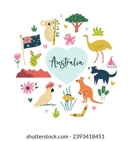 Composición colorida, diseño de círculo con símbolos famosos, animales de Australia. Ilustración vectorial de arte mural, impresiones, carteles, revistas de viajes.