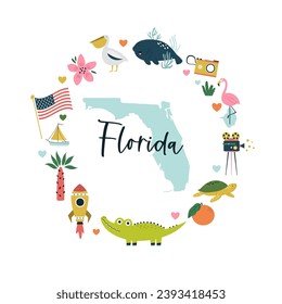 Colorful composition, circle design with famous symbols, animals of Florida state, USA. Vector illustration for wall art, prints, posters, travel magazines.