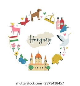 Colorful composition, circle design with famous symbols, animals of Hungary. Vector illustration for wall art, prints, posters, travel magazines.