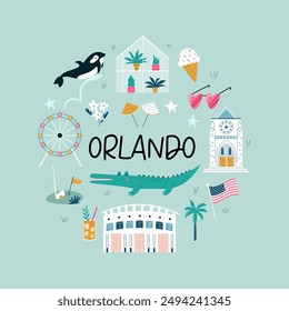 Colorful composition, circle design with famous symbols, buildings of Orlando city, Florida state, USA. Vector illustration for wall art, prints, posters, travel magazines.