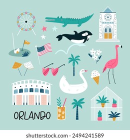 Colorful composition, circle design with famous symbols, buildings of Orlando city, Florida state, USA. Vector illustration for wall art, prints, posters, travel magazines.