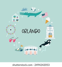 Colorful composition, circle design with famous symbols, buildings of Orlando city, Florida state, USA. Vector illustration for wall art, prints, posters, travel magazines.