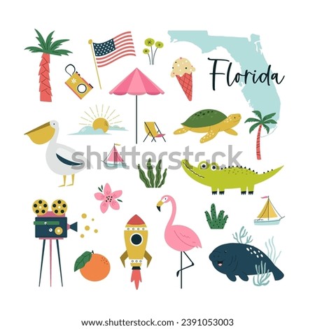 Colorful composition, circle design with famous symbols, animals of Florida state, USA. Vector illustration for wall art, prints, posters, travel magazines.