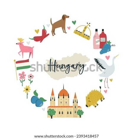 Colorful composition, circle design with famous symbols, animals of Hungary. Vector illustration for wall art, prints, posters, travel magazines.