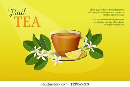 Colorful composition with cup of tea and blossom lemon and text. Print for tea label, sticker, banner, cafe, restaurant or cafeteria menu or shop promotion flyer. eps 10
