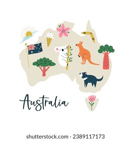 Colorful composition, design with famous symbols, animals on the map of Australia. Vector illustration for wall art, prints, posters, travel magazines.