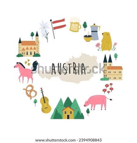 Colorful composition, design with famous symbols, landmarks of Austria. Vector icon set for wall art, prints, posters, travel magazines.