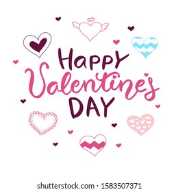 Colorful composition with elegant "Happy Valentine's day" hand lettering and hand drawn hearts of different design. Cute doodles for Saint Valentine's day in vector on white background. 
