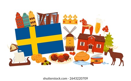 Composição colorida com bandeira da Suécia rodeada por ícones culturais, comida tradicional, marcos e símbolos históricos. Destaca a essência da herança sueca, ilustração vetorial.