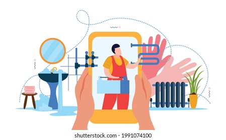 Colorful composition in flat style with broken sink water pipes and plumber on smartphone screen vector illustration