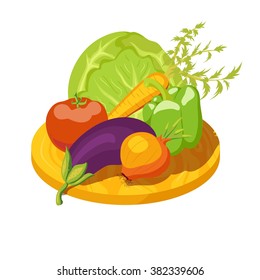 Colorful composition of fresh vegetables on wooden board. Isolated vector illustration