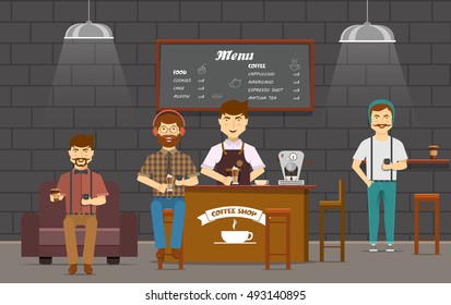 Colorful composition with friends hipsters flat cartoon characters in coffee shop chatting on smartphones gadgets vector illustration