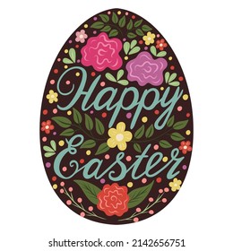 Colorful composition Happy Easter, inscribed in the shape of an egg. Dark brown background. Vector