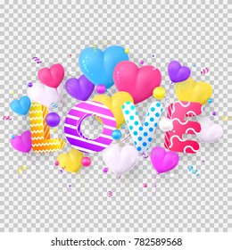 Colorful Composition of Happy Valentine's Day. Modern Color Abstraction with Realistic Balloons in the Form of Heart Isolated on Transparent Background. Vector Illustration with Serpentine and Balls.