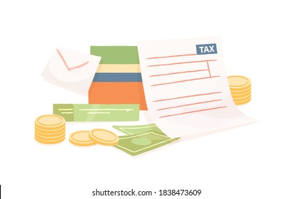 Colorful composition with paper tax form and money on white background. Concept of accounting and business financial paperwork. Vector illustration in flat cartoon style