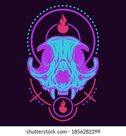Colorful composition with sacred geometry forms and cat skull. Vintage design concept isolated on dark background. Modern vector illustration.