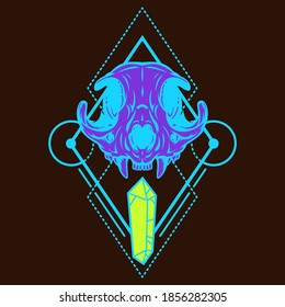Colorful composition with sacred geometry forms and cat skull. Vintage design concept isolated on dark background. Modern vector illustration.