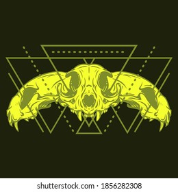 Colorful composition with sacred geometry forms and cat skull. Vintage design concept isolated on dark background. Modern vector illustration.
