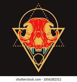 Colorful composition with sacred geometry forms and cat skull. Vintage design concept isolated on dark background. Modern vector illustration.