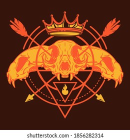 Colorful composition with sacred geometry forms and cat skull. Vintage design concept isolated on dark background. Modern vector illustration.
