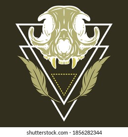 Colorful composition with sacred geometry forms and cat skull. Vintage design concept isolated on dark background. Modern vector illustration.