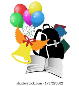 Colorful Composition From A School Backpack, Textbooks, A Bell And Balloons. Congratulation, Typography, New School Year, Holiday Banner. High School Graduation.