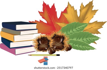 Colorful composition of school supplies and autumn elements evoking the spirit of back to school season