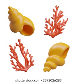 Colorful composition with shells and corals in different positions. Marine plants. Decorative beautiful shells. Vector illustration in 3d style