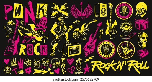 A colorful composition showcasing punk rock icons including guitars skulls and musical elements with a black background emphasizing the boldness of the imagery.