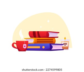 Colorful Composition with a Stack of Books, a Cup of Tea and a Candle. Concept of Leisure and Literature Reading. Cozy Scene. Vector Illustration in Cartoon Style.