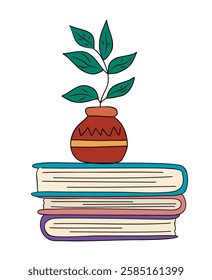 Colorful composition with a stack of books and green branch in vase. Cozy scene with a pile of textbooks and plant. Vector flat hand drawn illustration isolated on white background