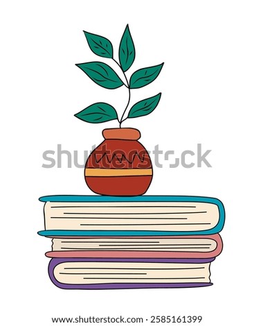 Colorful composition with a stack of books and green branch in vase. Cozy scene with a pile of textbooks and plant. Vector flat hand drawn illustration isolated on white background