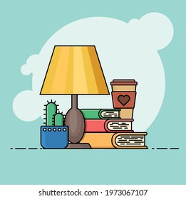 Colorful composition with a stack of books, hot beverage in the mug and houseplant. Cozy scene with a pile of textbooks, cup of coffee and plant. Vector flat cartoon illustration