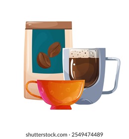 Colorful composition with two coffee cups, one in bright orange, and a package of coffee beans. Suitable for recipe illustrations, coffee promotions, or home goods advertising.