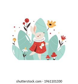 Colorful composition with White Rabbit and quote from Fairy tale. Vector illustration with cute character