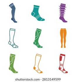Colorful compression socks and athletic legwear icons set. Nine colorful flat icons of compression socks and athletic legwear on a white background. Includes various lengths and styles for support. Ideal for health blogs or medical product catalogues.