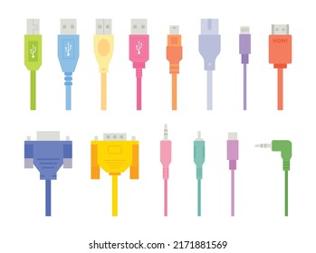 Coloridos cables de equipos digitales informáticos. ilustración vectorial de estilo de diseño plano.