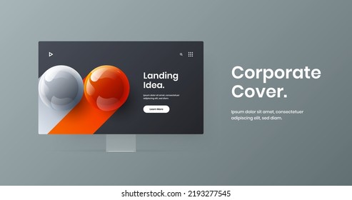 Colorful computer display mockup web project template. Clean site vector design illustration.