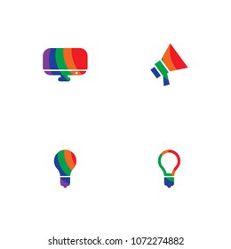 colorful computer screen, microphone, bulb icon, vector illustration
